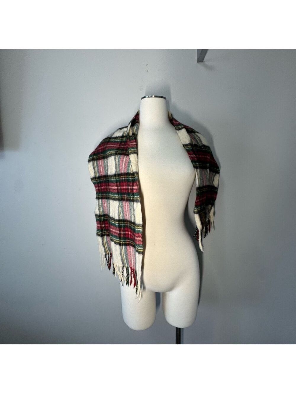 Stewart Dress France Plaid Scarf in Red, Green, and Cream 100% wool